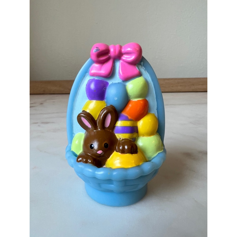 Blue Easter Basket Brown Bunny Pink Bow Colored Easter Eggs HTF Little People